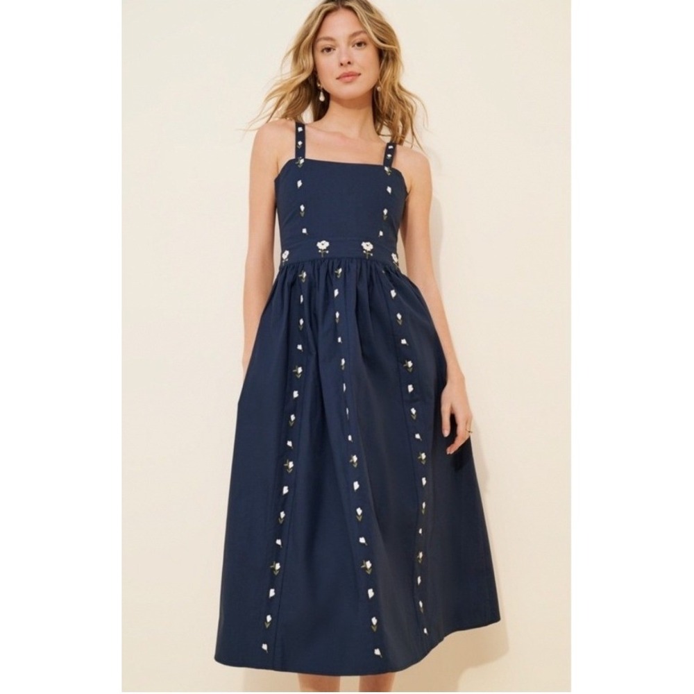 Fanm Mon Hulya Midi Dress Small Navy Floral Embroidered Cotton Cottagecore Boho